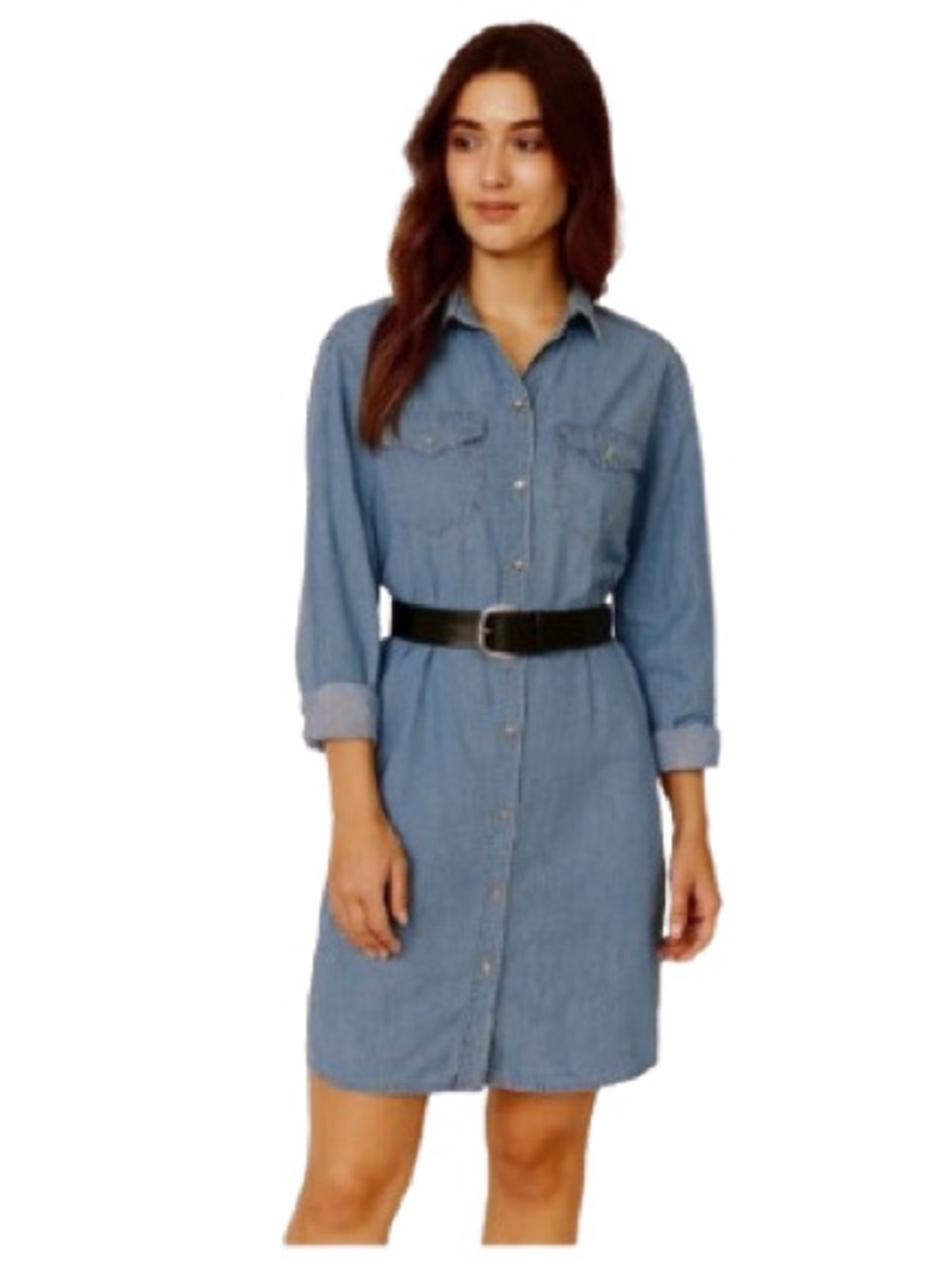 Womens Blue Chambray Denim Dress Sz 8 Button Front Long Sleeve Pockets